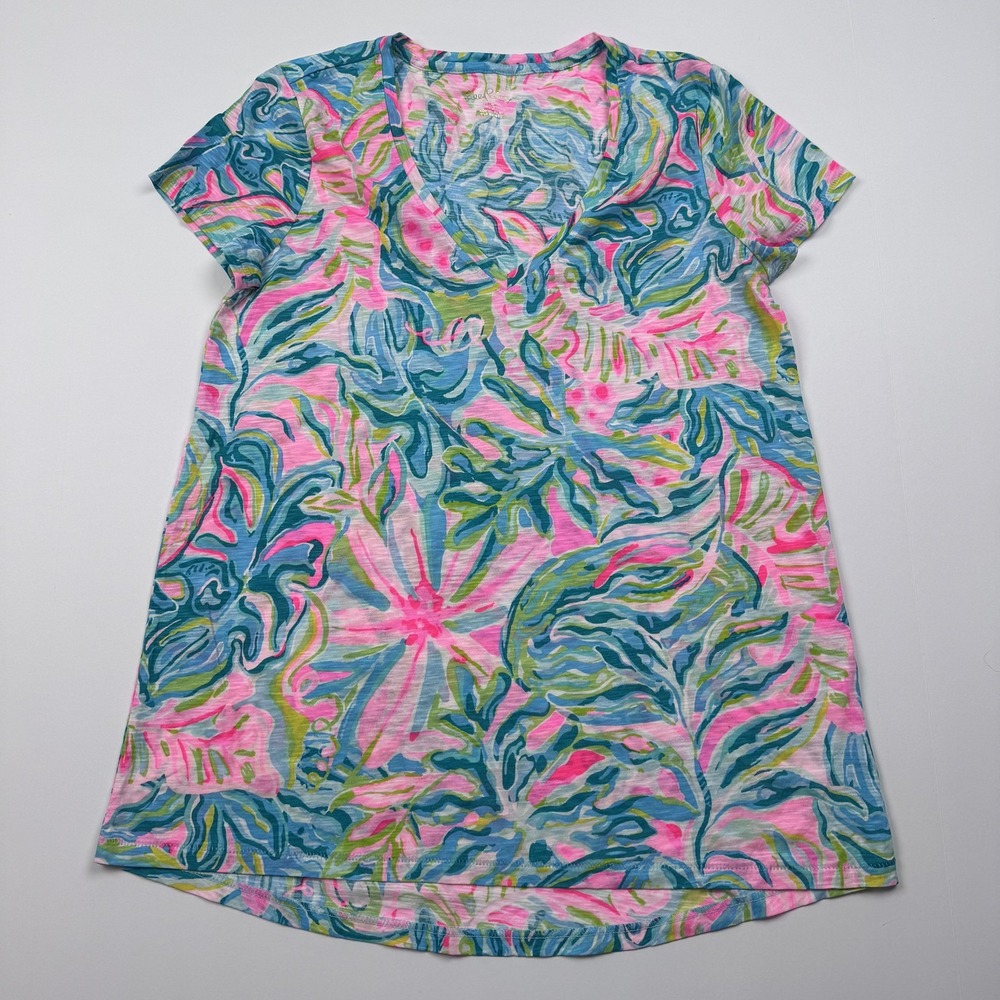 Lilly Pulitzer Womens XS Pink Blue Green Floral Print V Neck T-Shirt Dress